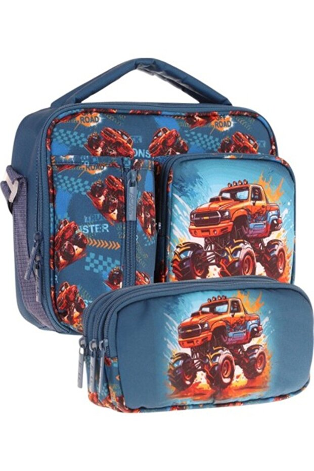 Kids Boy's Green Red Off-Road Vehicle Three-Compartment Thermo Lunchbox and Pen Holder Set