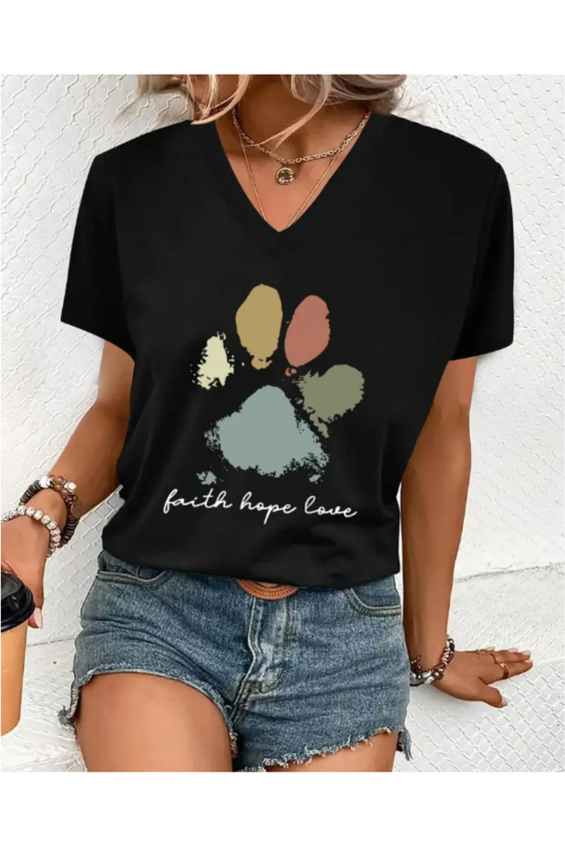V-Neck Oversize Faith Hope Love Printed T-Shirt