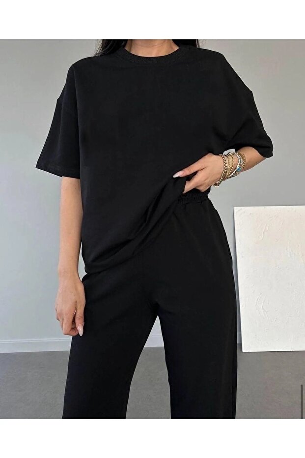 Women's Summer Top and Bottom Unprinted Plain Black Set