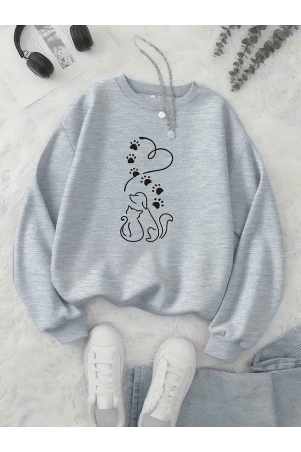 Cat&Dog Printed Oversize Unisex Women/Men's Crewneck Sweatshirt