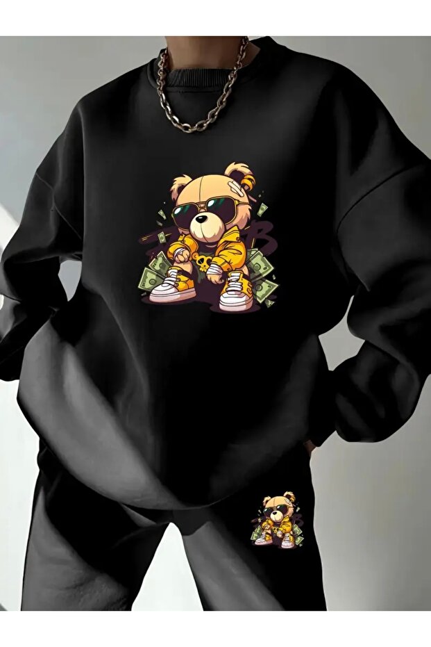 طقم بدلة رياضية مطبوعة برقبة دائرية كبيرة الحجم للجنسين من MONEY BEAR