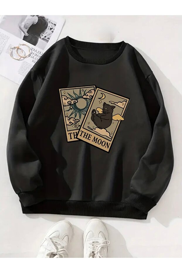 The Moon Printed Oversize Unisex Women/Men's Crew Neck Sweatshirt