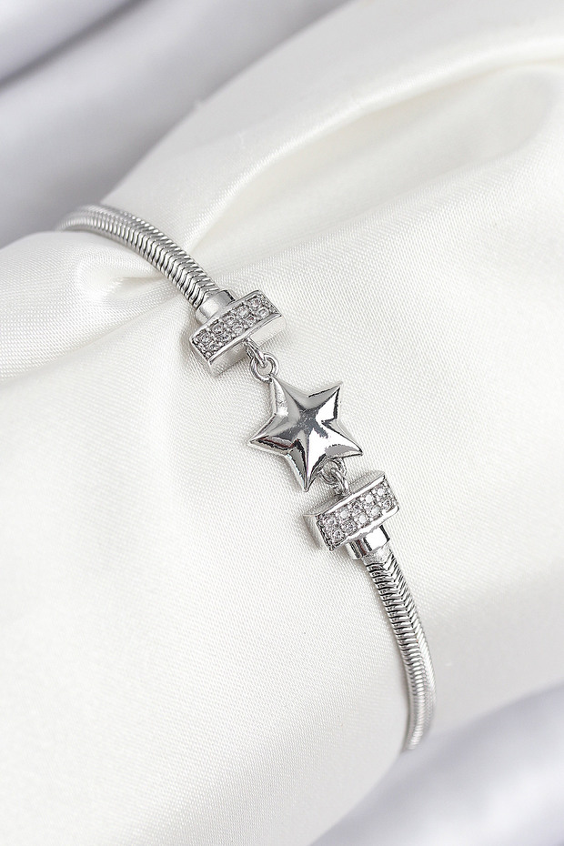 Brass Zircon Stone Clover Figured Women's Bracelet (Silver Color)