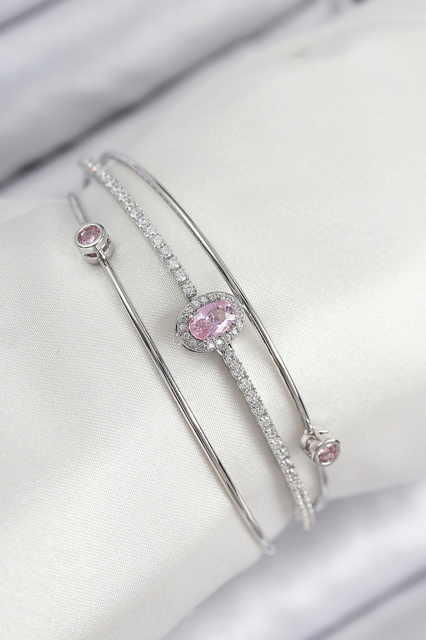 Brass Zircon Stone Baguette Model Silver Color Women's Bracelet