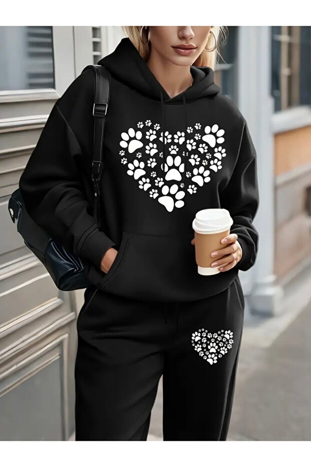 Patili Heart Printed Unisex Women/Men Hooded Oversize Bottom/Up Tracksuit Set