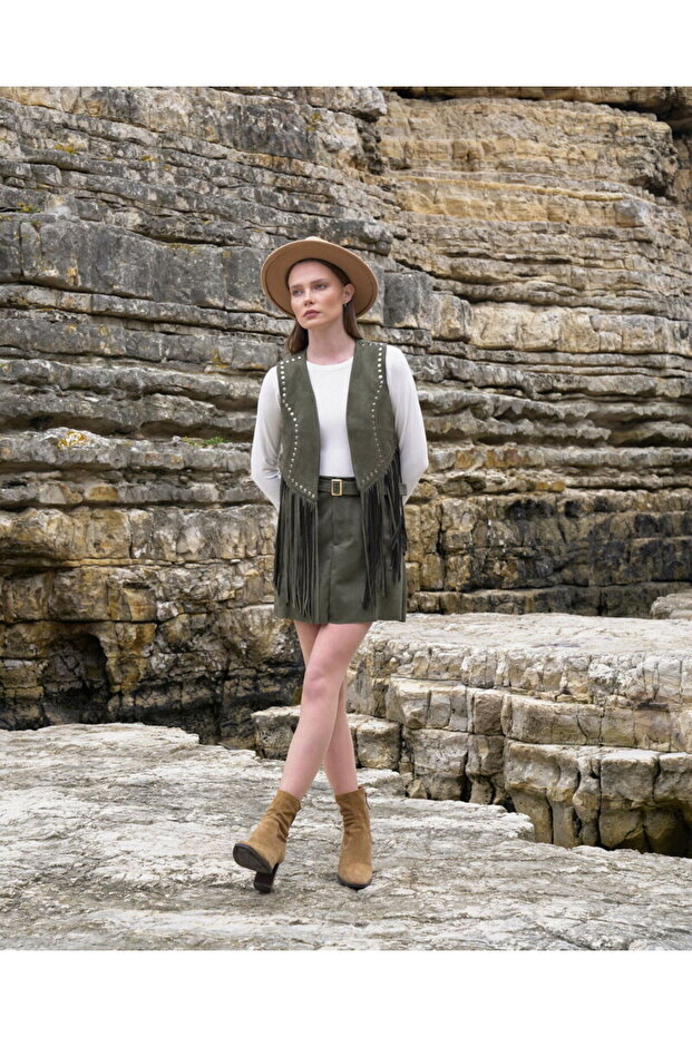 İnci Detaylı Püsküllü Süet Yelek - 2