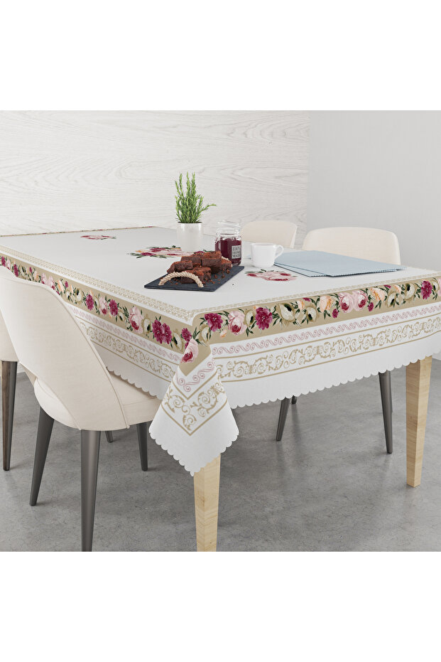 Square Floral Gold Patterned Linen Textured Seamless Tablecloth