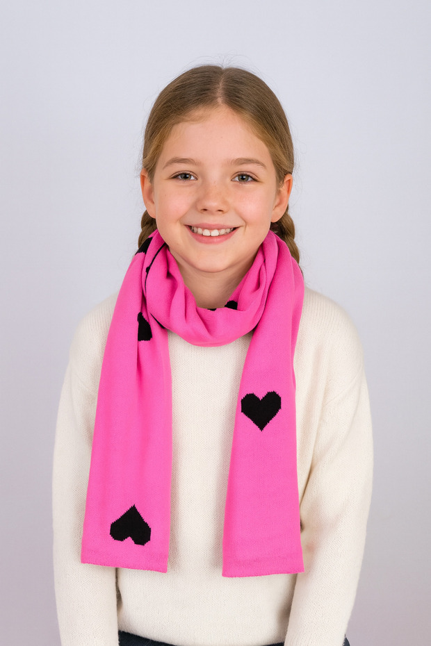 Heart Patterned Double-Sided Knitwear Children's Scarf (Age 5-10, 30X140Cm)