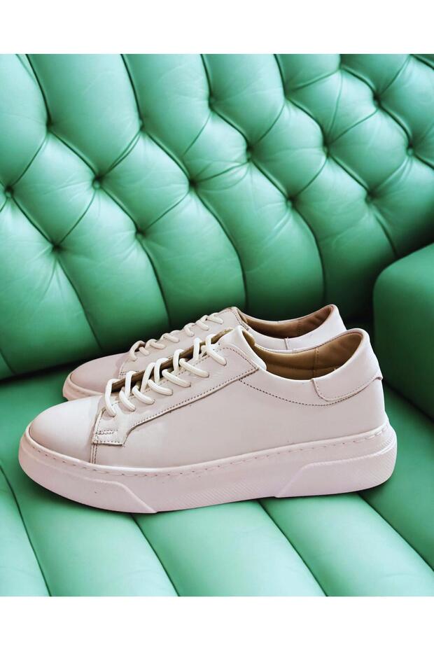 Men's White 100% Leather Flexible Sole Lace-Up Casual Shoes Sneaker