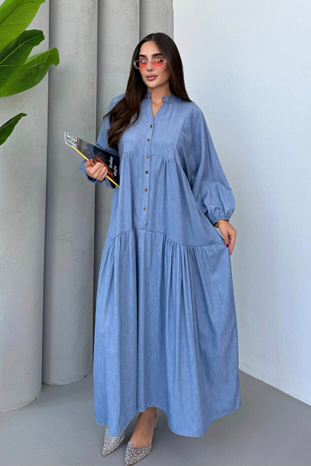 Women's Indigo Blue Buttoned Placket Collar Oversized Loose Balloon Sleeve Long Dress