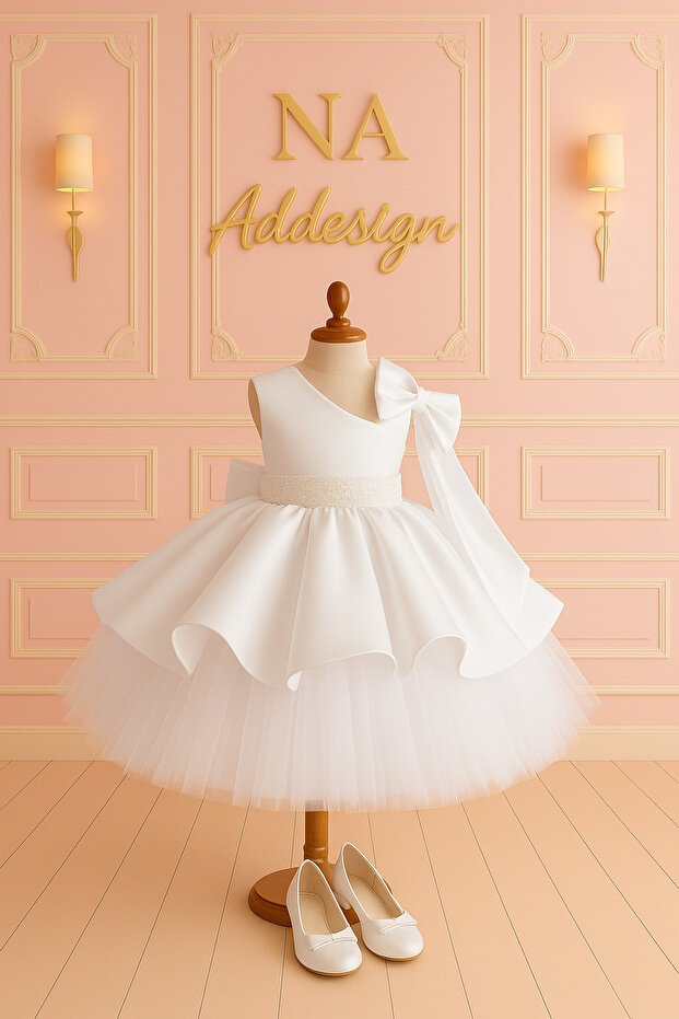 One Shoulder Big Bow Girl's Dress - Black & White