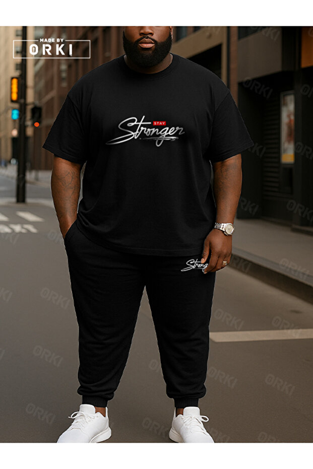 Stay Strong Printed Plus Size Black T-Shirt & Black Pants Tracksuit Set