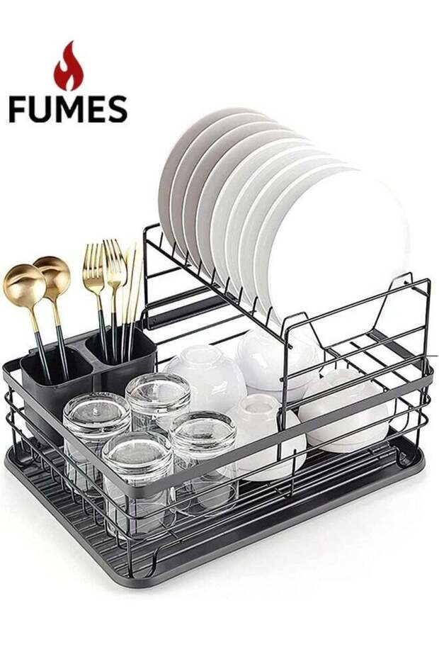 2-Tier Dish Drying Rack with Cutlery Holder and Drain Board - Space Saving Kitchen Organizer