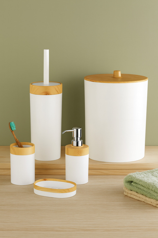 Limpia Bambu Patterned 5-Piece Bathroom Set with Trash Can, Liquid Soap Dispenser, Toothbrush Holder