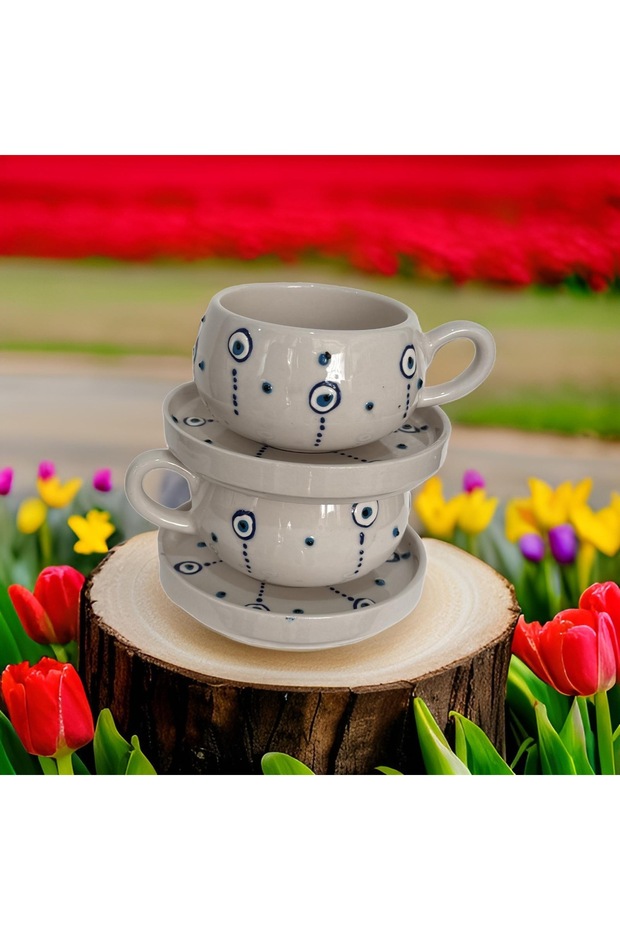 Damla Nazar Patterned Beren Plate Mug | Double Coffee Cup | Herbal Tea Cup