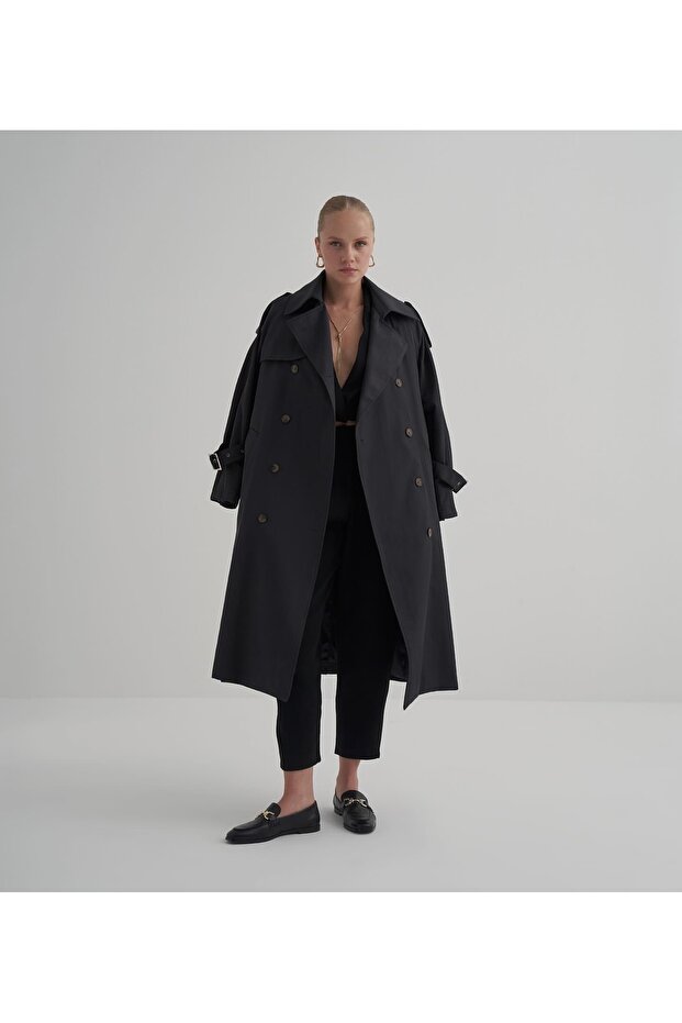 Antrasit Önü Çift Sıra Kruvaze Düğmeli Kuşaklı Private Edition Oversize Trençkot - 3