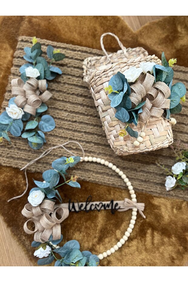 Okaliptus Çiçeği 3'lü Set Kapı Süsü Paspas Kapı Sepeti - 2