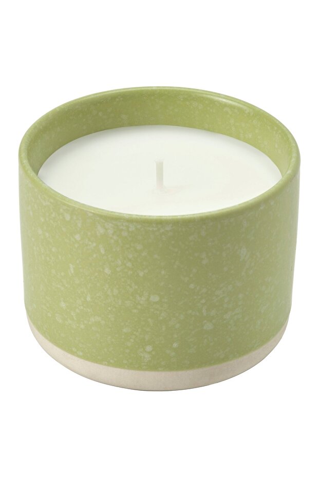 LÖVSKOGSLUND Scented candle in ceramic jar, Apple/bright beige-yellow, 25 hr