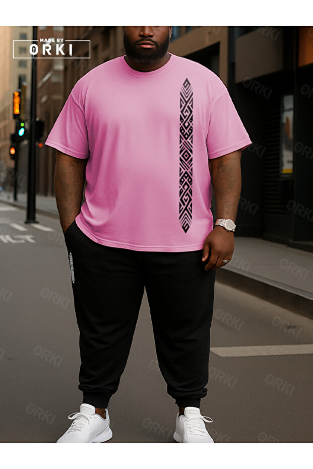 Trendy Stylish Printed Plus Size Bright Pink T-Shirt & Black Pants Tracksuit Set