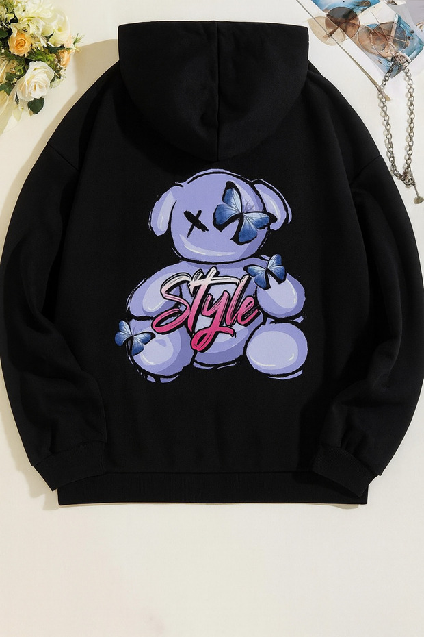 Unisex Oversize 3 Thread Hoodie 🧸 🦋 ✨ Style Bear Patterned Hooded Sweatshirt Casual Comfortable Streetwear