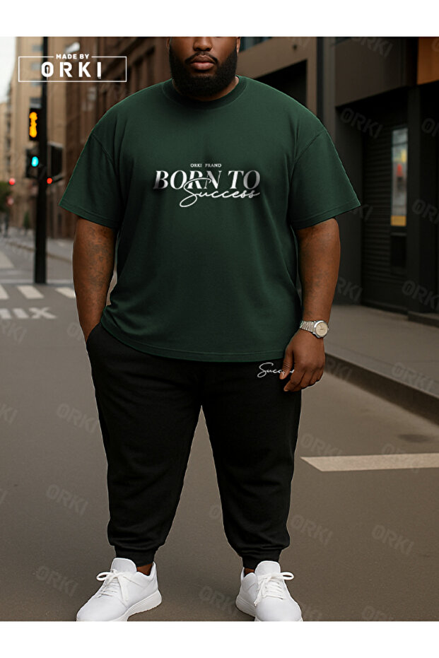 Born to Succeed Printed Plus Size Forest Green T-Shirt & Black Pants Tracksuit Set