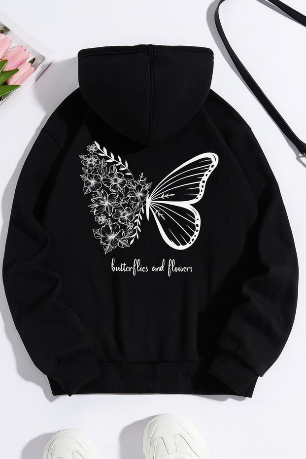 Unisex Oversize 3 Thread Hoodie 🦋 🌸 Butterflies & Flowers Patterned Hooded Sweatshirt Casual Style