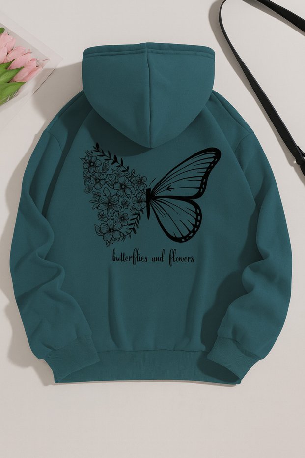 Unisex Oversize 3 Thread Hoodie 🦋 🌸 Butterflies & Flowers Patterned Hooded Sweatshirt Casual Style