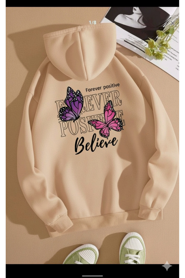 Unisex Oversize 3 Thread Hoodie 🦋 💜 🌸   Forever Positive Believe Patterned Hooded Sweatshirt Style