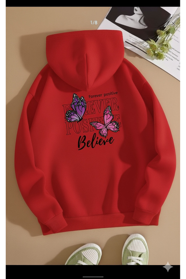 Unisex Oversize 3 Thread Hoodie 🦋 💜 🌸   Forever Positive Believe Patterned Hooded Sweatshirt Style