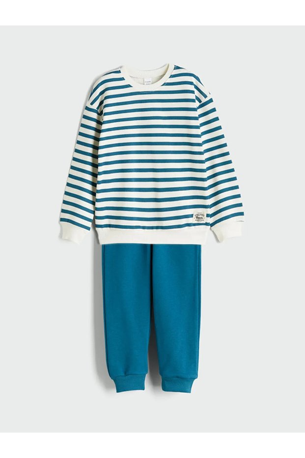 Lcw Kids Beige Crew Neck Striped Boys' Sweatshirt and Sweatpants Set of 2