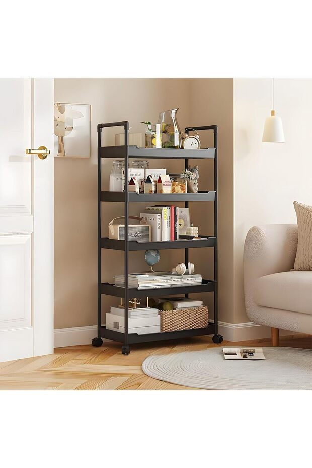 5-Layer Rolling Storage Trolley with Lockable Wheels Storage Cart with Handles for Kitchen Bathroom