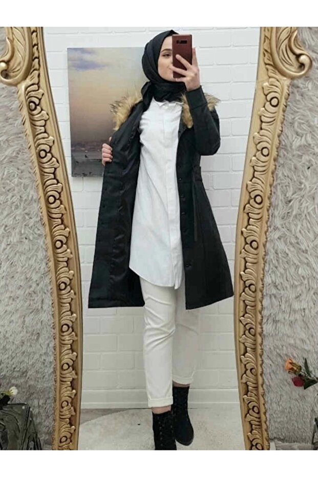 Çıkma Kürklü Deri Mont -Siyah - 2