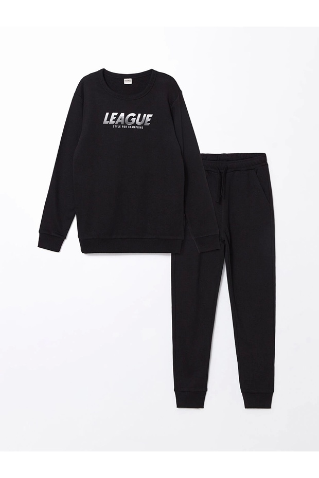 Lcw Kids Black Crew Neck Boy's Thick Tracksuit Set