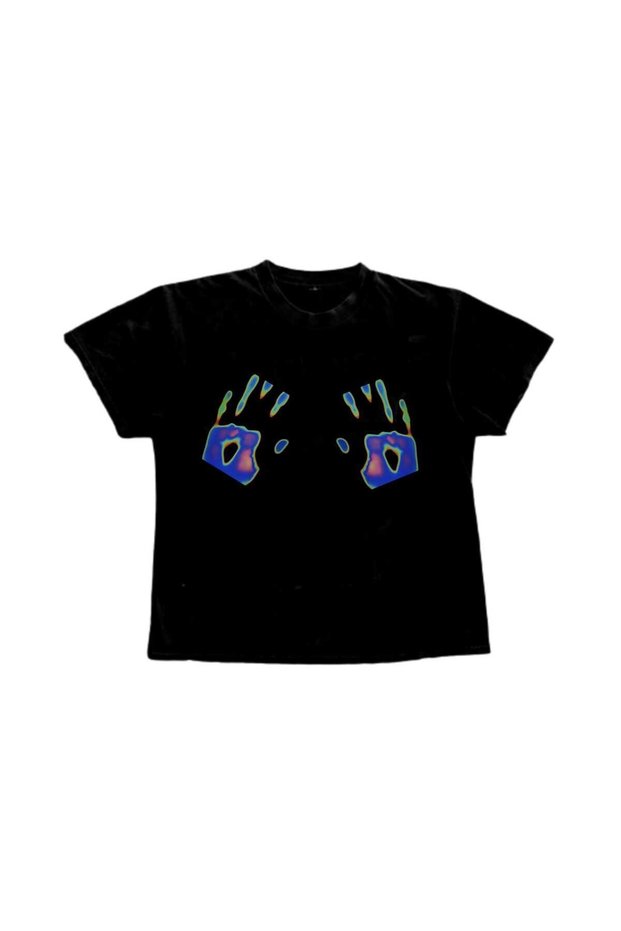 Black Women's Printed Crew Neck Baby Top with Waist Boy Crop
