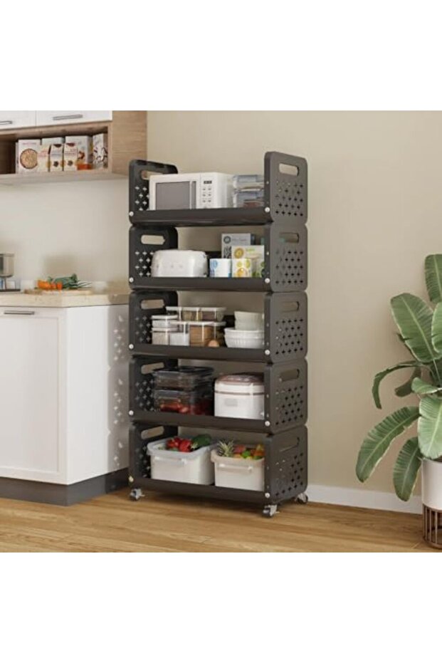 5-Tier Rolling Plastic Storage Rack with Wheels Durable Organizer for Kitchen Pantry Bathroom Office