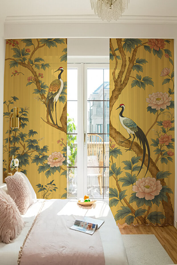 Sarı Turna Kuşu Çiçekler Desenli Çift Kanatlı Tül Perde Oturma Odası Salon Mutfak 140x260cm - 3