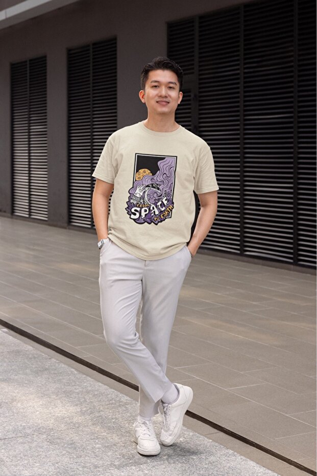 Men's from Space to Earth Transfer Printed Round Neck Short Sleeve T-Shirt