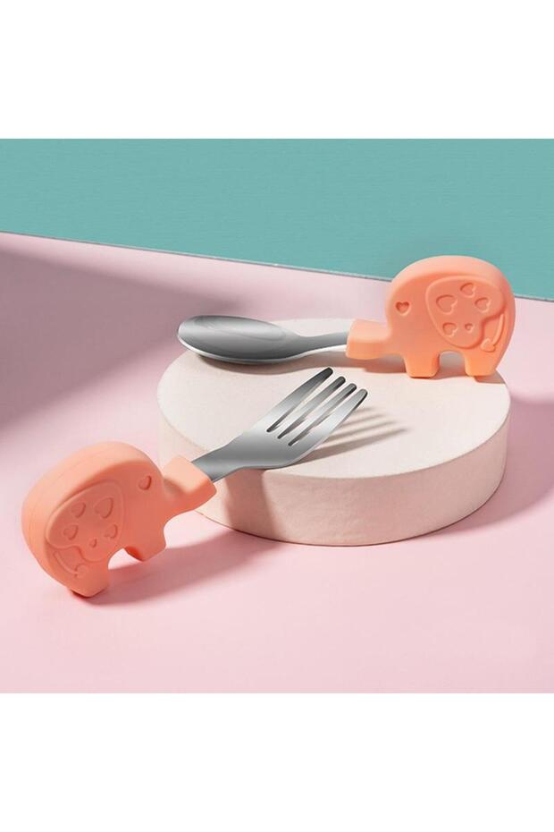 Baby Elephant Food Short Handle Children's Stainless Steel Fork Spoon Pink