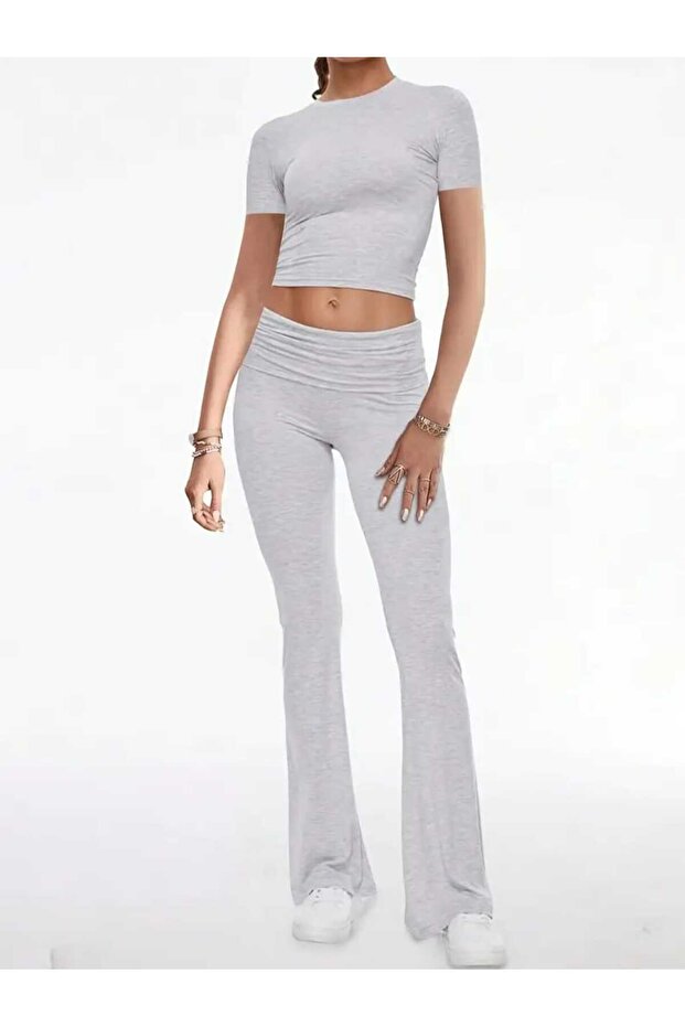 Waist Folding Spanish Leggings T-Shirt Double Set
