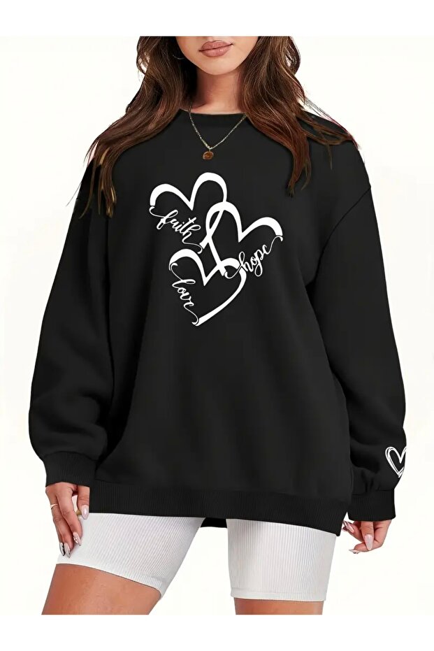 Written Heart Front and Sleeve Printed Oversize Unisex Women/Men Crewneck Sweatshirt