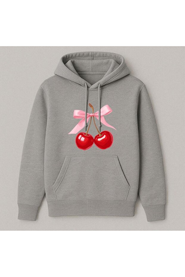 Ribbon Cherry Printed Women'S/Men's Unisex Oversize Hooded 3-Thread Sweatshirt