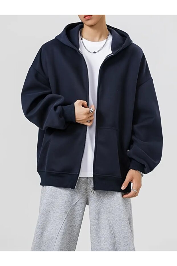 Men's Navy Blue Oversize Zip-Up Hoodie - Streetwear Hooded Cardigan