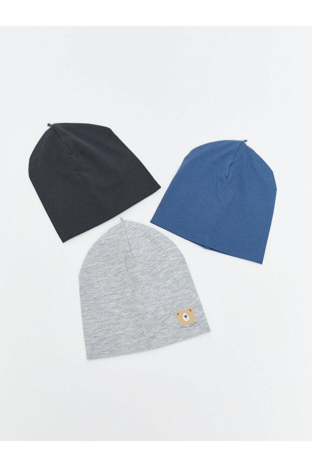 White Bear Printed Baby Boy Beanie 3-Piece