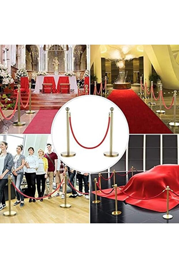 Crowd Control Stanchions with Red Velvet Rope, Gold-Plated Posts, Round Base, Set of 2 - 4