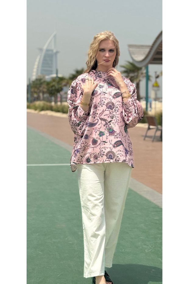Women’s Pink Floral Paisley Satin Top – High Neck Boho Chic Blouse