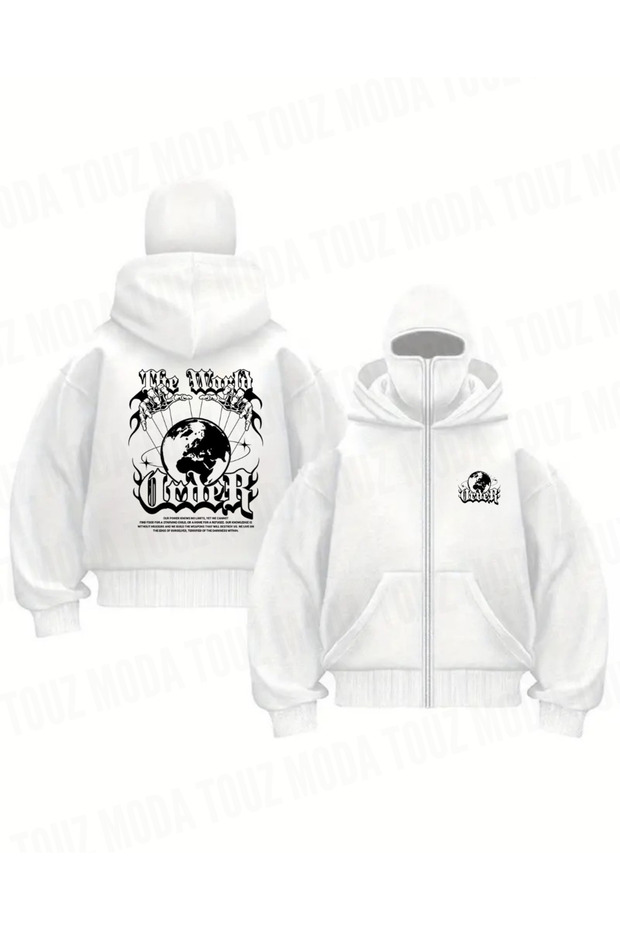 Oversized Zippered White Unisex Hooded Cardigan with Mask Detail