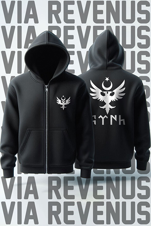 Göktürk Eagle Front and Back Printed Unisex Zippered Hooded Sweatshirt Cardigan