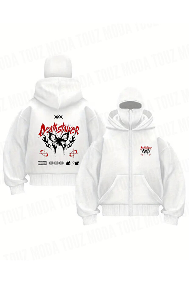 Oversized Zippered White Unisex Hooded Cardigan with Mask Detail