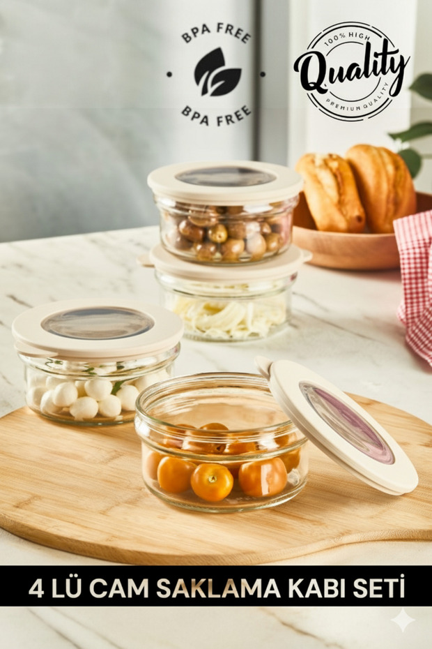 Qlux 4 Adet 415 ml Silikon Kapak Cam Kahvaltı Seti Saklama Kabı - 1