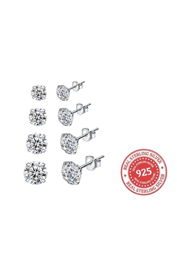 925 Ayar Gümüş 4 Çift (8 Adet) 3-4-5-6 mm Boyutlarında Yuvarlak Zirkon Taşlı Unisex Pimli Küpe - 1